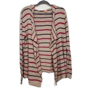 North Crest Hooded Open Front Cardigan Womans Size L Tan‎ Fuchsia Stripes